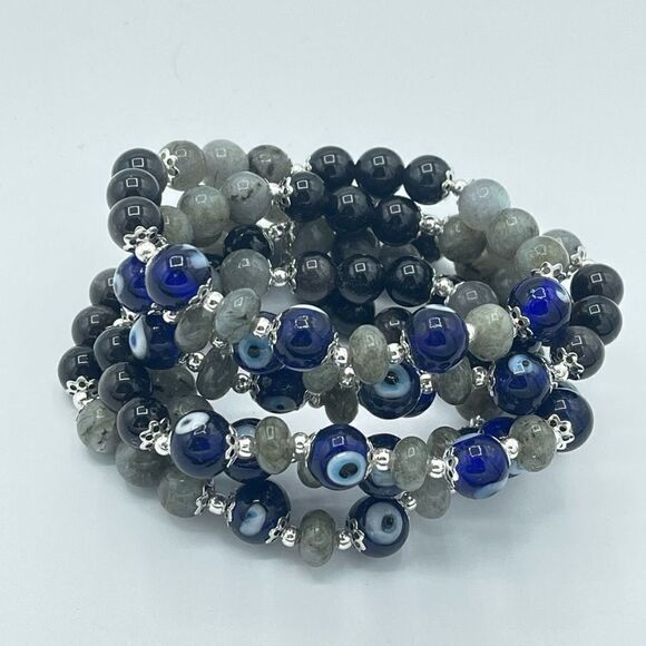 Crystal beaded stretch bracelet ONE NEW evil eye silver obsidian labradorite rei - Picture 11 of 12